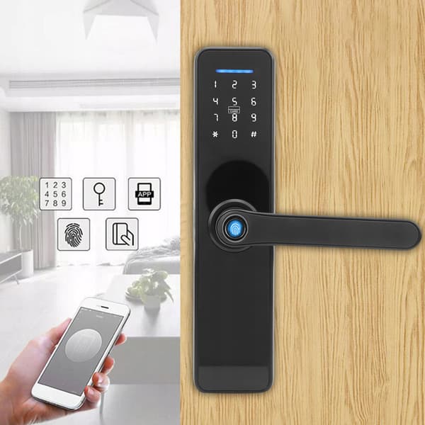 Smart Dörrlåssystem, Fingeravtryck Dörrlås WiFi Smart Biometriskt Dörrlås med Flera Dörröppningsmetoder för Hemsäkerhet, Stöd för Tuya