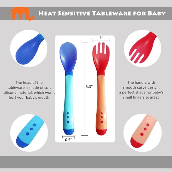 Babyskeer og -gafler fodringssæt, 5-pak blød silikonespids Varmefølsomt småbørnsredskab Første fase til selvfodring, BPA-fri babyretter, baby