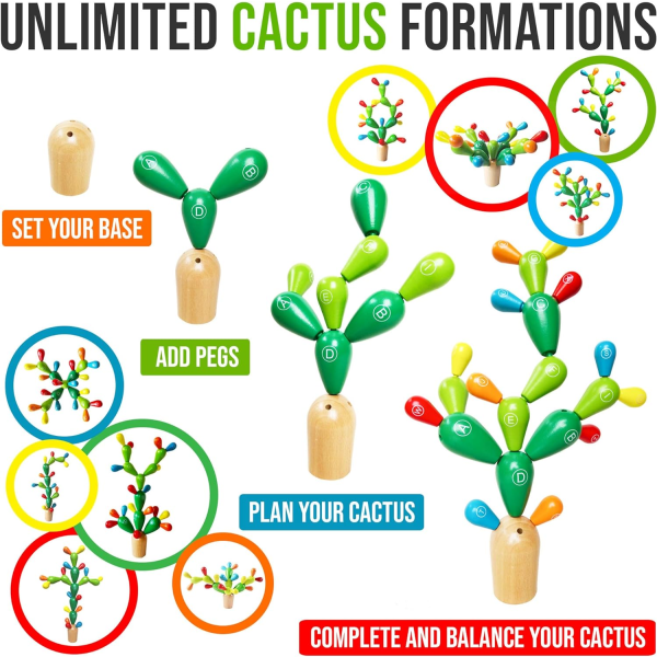 Crazy Cactus - Balance Cactus / Plug-in spill wobble tårn for å fremme finmotorikk - Treleker for barn - Finmotorikk spill fra 5