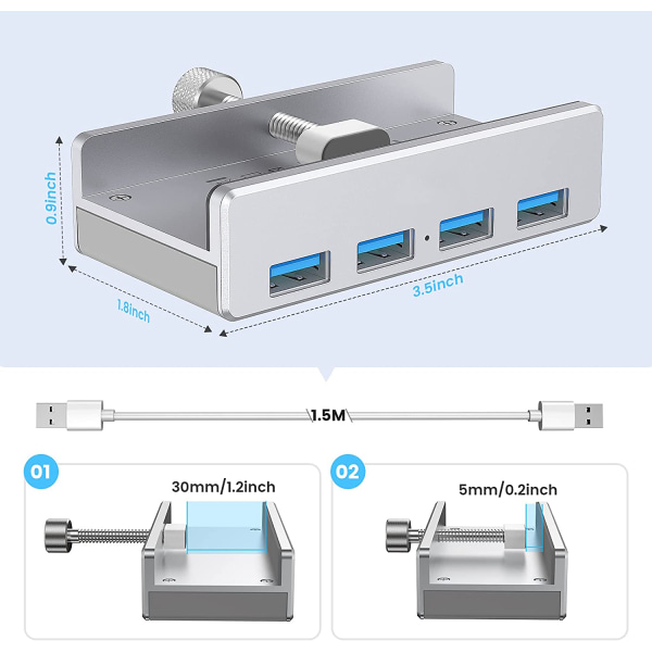 USB 3.0 Hub Clamp Adapter, Aluminium 4-Port USB Splitter med
