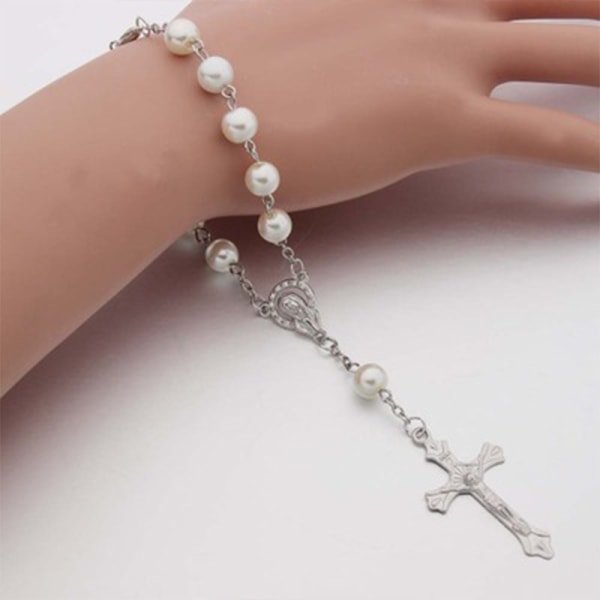 Katolsk rosenkransarmbånd hvit imitert perle Kristuskors
