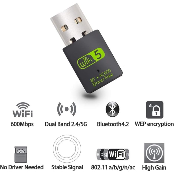 USB WiFi Bluetooth adapter, 600 Mbps Dual Band 2,4/5Ghz trådlös