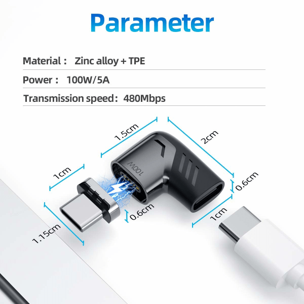 Magnetisk USB C-adapter (2 pakke) Type C-kontakt rettvinklet