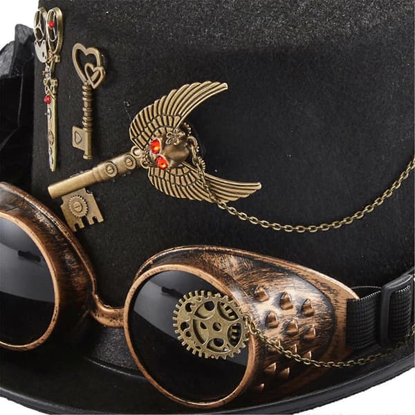 Gotisk høj hat Steampunk hat Halloween hat med fjerblomst til nøglesaks briller Performance hat til Halloween Pa Sort A