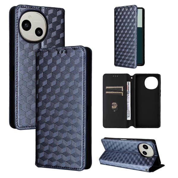 Cubic Grid Texture Flip Læder Telefoncover (Blå, Til Sharp Aquos R10 / R9)