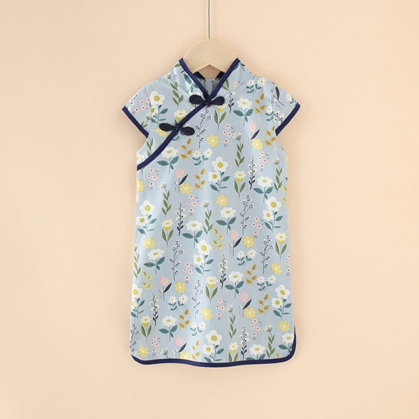 Qipao Cheongsam-kjole til piger, Sommer-blomstret kjole til småbørnpiger L