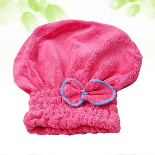 Hårhandduk med rosett i korallfleece, elastisk duschmössa (rosaröd) A