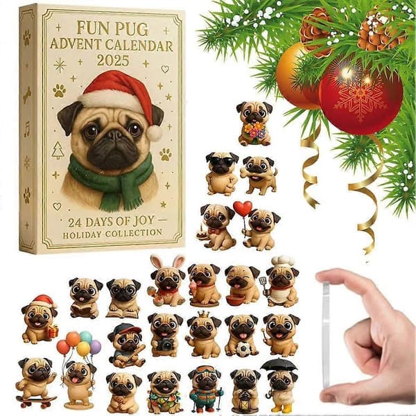 Sjov Mops Julekalender 2025, 24 Dage Julekalender med Mops Hunde