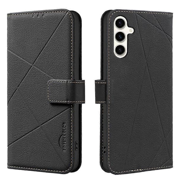 Geometrisk mønster RFID læder telefoncover (sort, til Samsung Galaxy S23 5G)