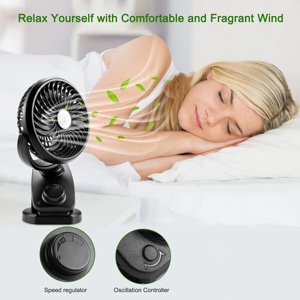 Mini Bordventilator, Clip-ventilator med 90° Auto Rotation 360° Rotation, USB-ventilator med Diffuserfunktion til Hjemmekontor Bil Barnevogn (3600 mAh Batteri)