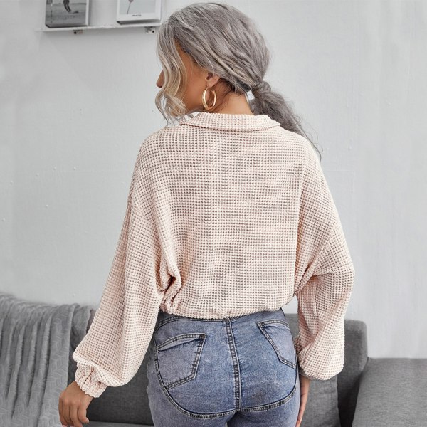 Kvinders notched V-hals Bishop Langærmet Strik Tee Crop Top