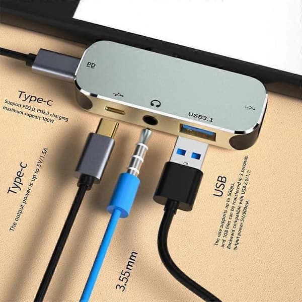 RYRA Multifunktionel 6-i-1 Type-C Hub HDMI-kompatibel 3,55 mm Jack PD100W USB3.0/USB2.0/USB3.1