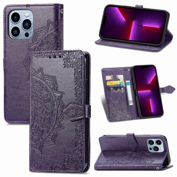 Etui til iPhone 13 Mini Lilla Mandala Præget Læder Flip Stilfuld Magnetisk No8279