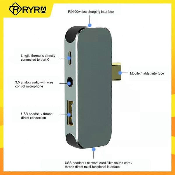 RYRA Multifunksjonell 6-i-1 Type-C Hub HDMI-kompatibel 3,55 mm Jack PD100W USB3.0/USB2.0/USB3.1