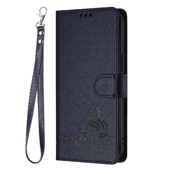 Etui til iPhone 15 Plus kortholder støtteben kat RFID pung flip cover blå