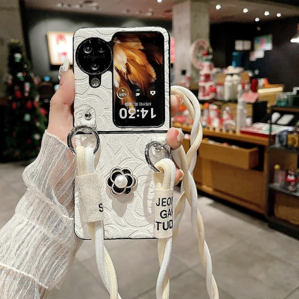 Impression Camellia Mönster Skyddande Telefonfodral med Lång Snodd för OPPO Find N3 Flip Vit