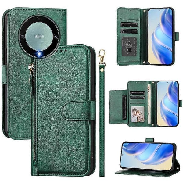Flip-etui til Honor Magic 5 Lite lynlås kortholder PU-læder magnetisk grøn