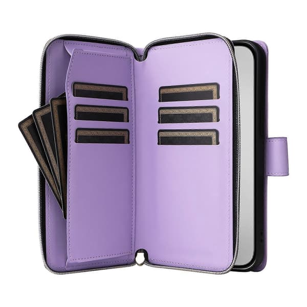 Til iPhone 16 Pro etui lynlås pung PU læder rombe telefoncover med 2 stropper A