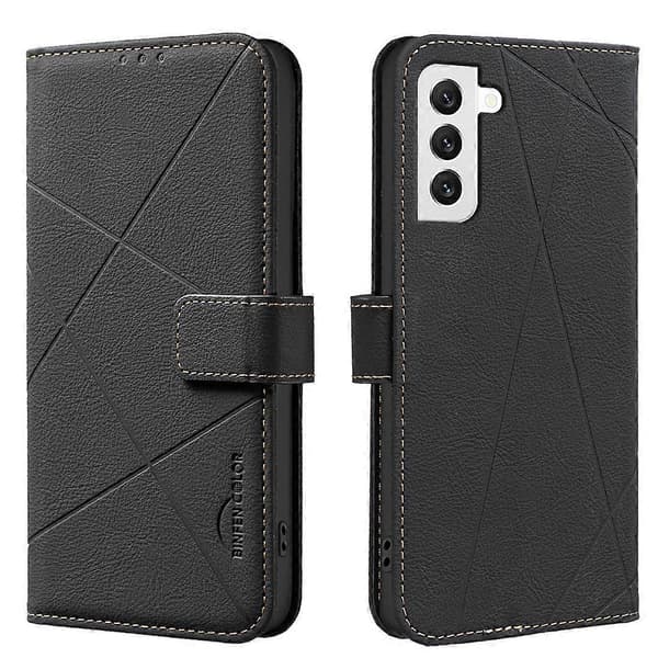 Geometrisk mønster RFID læder telefoncover (sort, til Samsung Galaxy S22+ 5G)