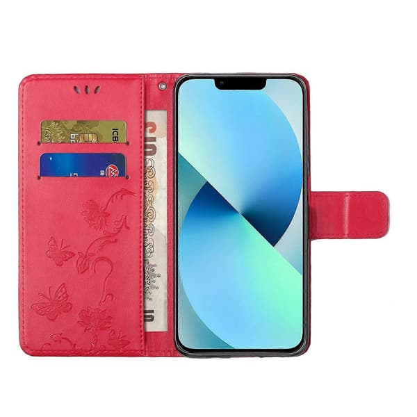 Til iPhone 14 Pro Max 6,7 tommer Stødsikkert sommerfugleblomst-præget telefoncover PU-læderstativ Wal A