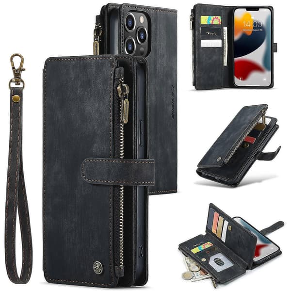 Etui til iPhone 13 Sort Multi-karat Lynlås Læder Retro Multifunktionel Kortpung No2213 A