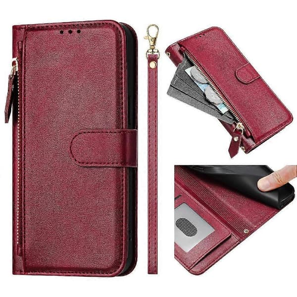 Flip-etui til iPhone 16 Plus kortholder lynlås PU-læder magnetisk rød