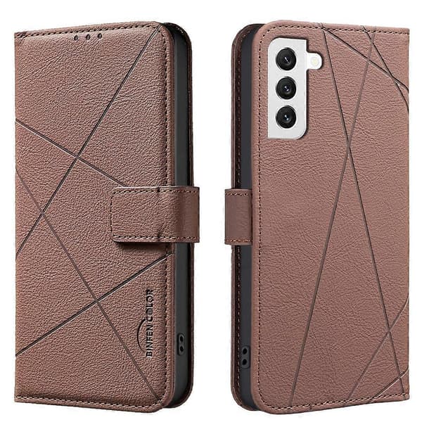 Geometrisk mønster RFID læder telefoncover (brun, til Samsung Galaxy S22 5G)