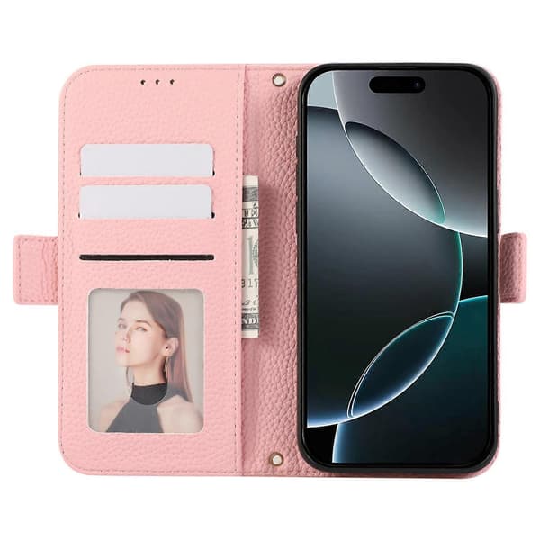 För iPhone 14 Pro läderfodral med korthållare, remmar, stötsäkert plånboksfodral - Rosa A
