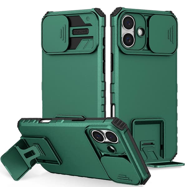 Til iPhone 16 Plus etui Kameraskydelåg PC + TPU Telefoncover med støttefod A