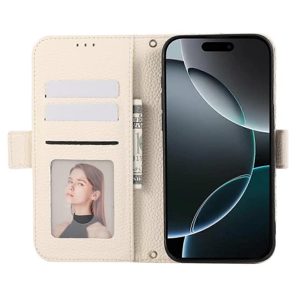 För iPhone 14 Pro läderfodral med korthållare, remmar, stötsäkert plånboksfodral - Beige A