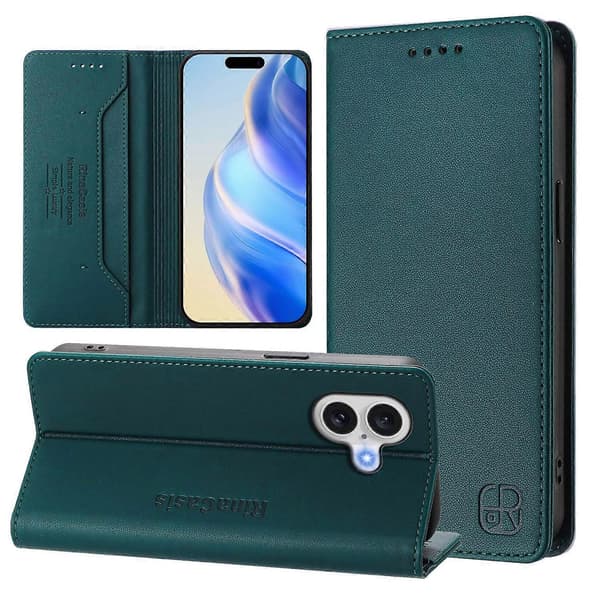 För iPhone 17 Läderfodral RINACASIS RC01 Telefonfodral med RFID-blockerande plånboksstativ (Mörkgrön)