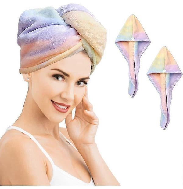 2-pack mikrofiberhårhandduk, regnbåge, snabbtorkande, superabsorberande, turban, torkmössor A