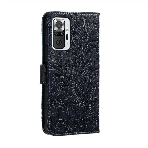 För Xiaomi Redmi Note 10 Pro Spetsblomma Läderfodral Mörkblå