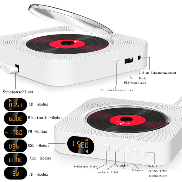 CD-spelare med radio Boombox-Canareen uppgraderad Bluetooth CD-spelare, med cover och LED-display | 3,5 mm extra uttag, med fjärrljud FM