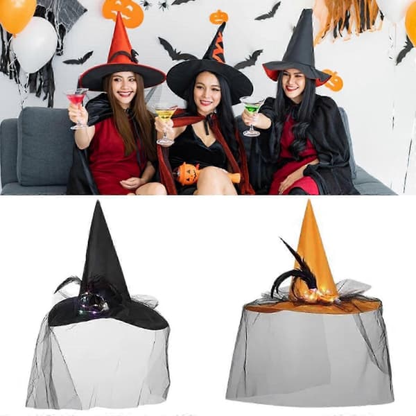 Lysende heksehat Halloween kostume tilbehør til Halloween fest slør fjerhat elegant hovedbeklædning til maskerade sort A
