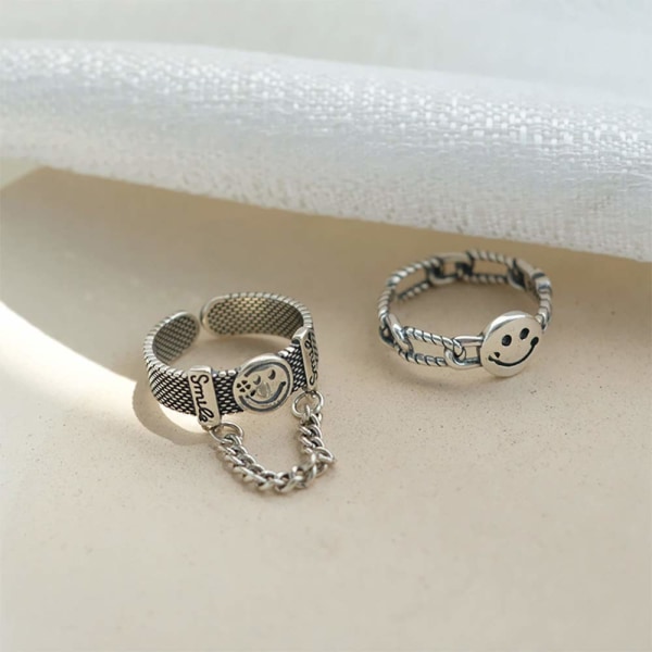 Gothic Knuckle Ringe Sæt 2 Stk Smiley Finger Ring med Kæde