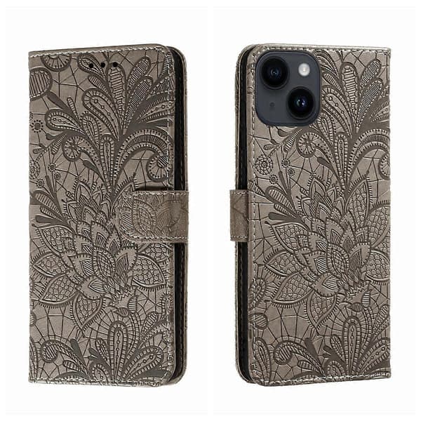 För iPhone 14 / 13 Spetsblomma Prägling Flip Läder Telefonfodral