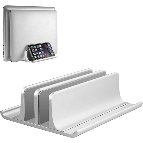 Dobbelt vertikalt bærbart stativ, justerbart notebookstativ i aluminium Plassbesparende holder for MacBook Pro/Air, iPad, Samsung, Huawei, Surface, Dell, HP,