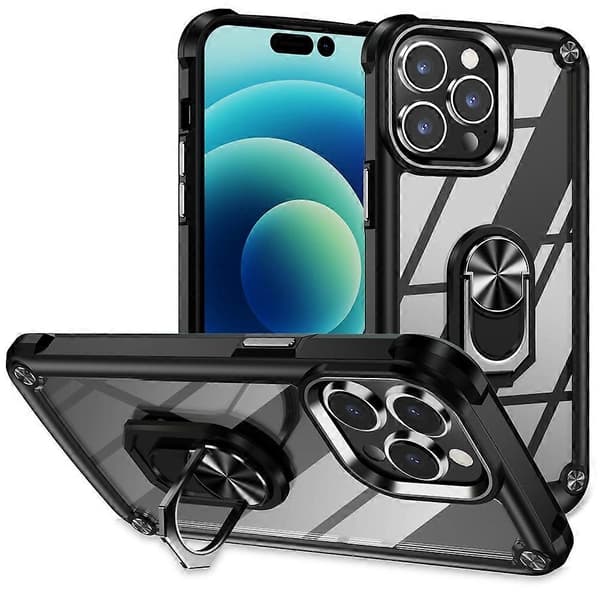 TPU + PC Linsebeskyttende Telefoncover med Ringholder Sort til iPhone 15 Pro Max