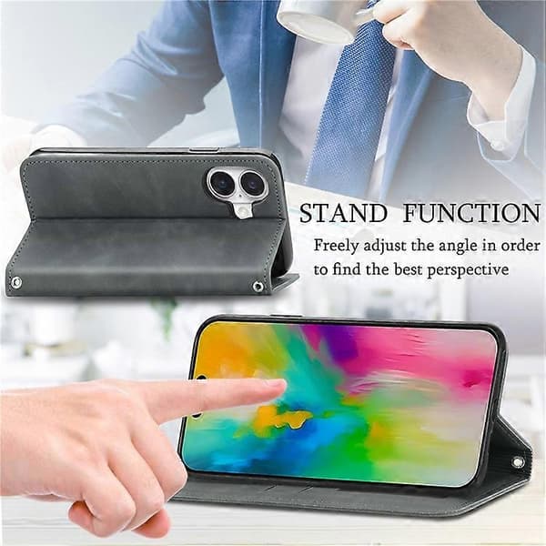 Kompatibel med iPhone 16 Plus Fodral Hudkänsla Läder Plånboksfodral Magnetisk Absorption Grå