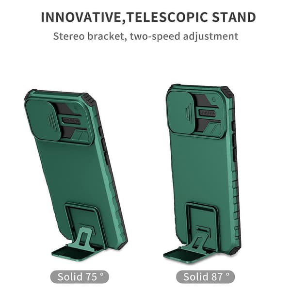 Til iPhone 16 Plus etui Kameraskydelåg PC + TPU Telefoncover med støttefod A