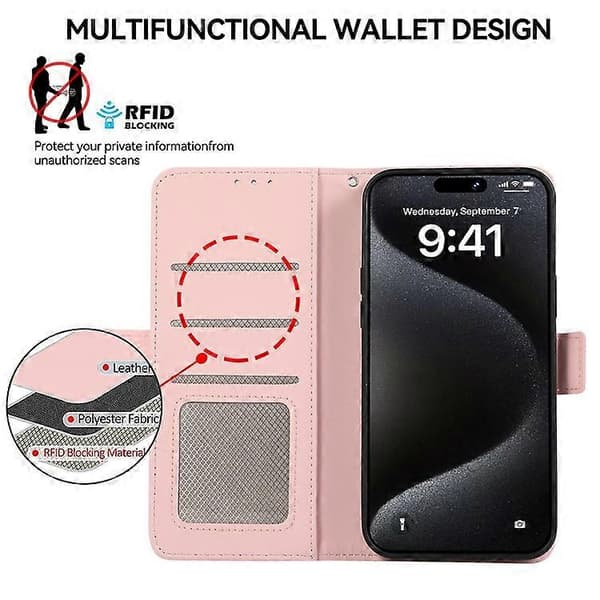 ABEEL Kompatibel med iPhone 16 Stativfodral RFID-blockerande Läderplånboksfodral Rosa