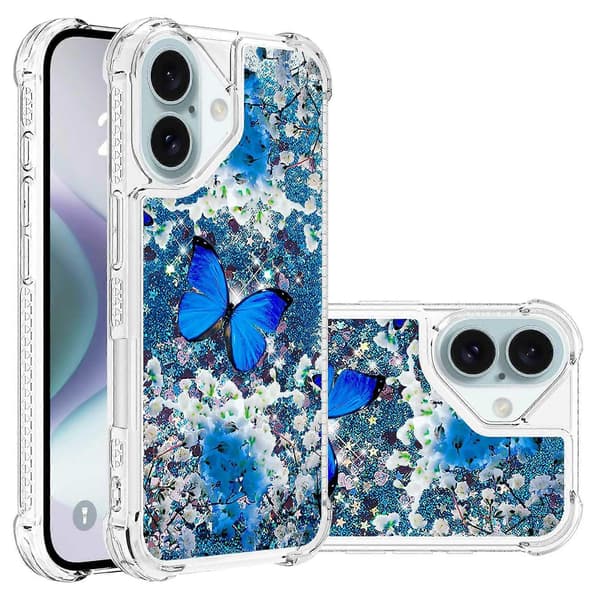 Til iPhone 16 Plus TPU-cover med kviksand og mønstertryk Blå sommerfugl