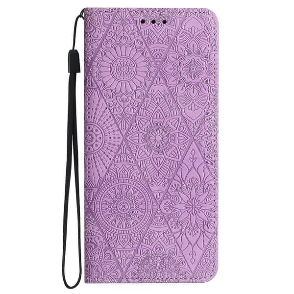 Fodral för iPhone 16 med präglat blomstermönster, plånboksställ i läder A