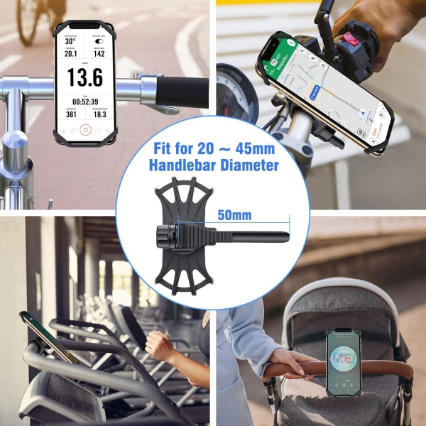 Pyöräpuhelinteline, irrotettava silikoniteline polkupyörälle, 360° kääntyvä, Face & Touch ID, universal moottoripyöräpuhelinteline
