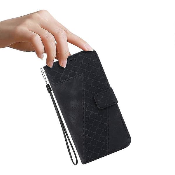 Kompatibel med Realme 14 Pro 5G Stativfodral 7-formad mönsterprägling Lädertelefonfodral Svart