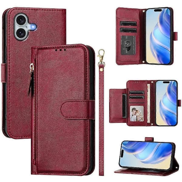 Flip-etui til iPhone 16 Plus kortholder lynlås PU-læder magnetisk rød