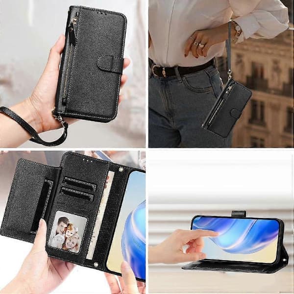 Flip-etui til Samsung Galaxy S23 Fe 5g kortholder PU læder magnetisk lynlås sort