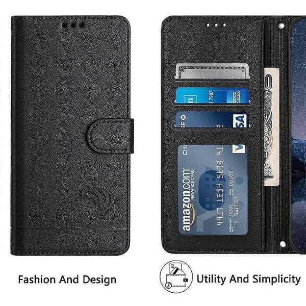 Etui til iPhone 15 Plus kortholder støtteben kat RFID pung flip cover sort