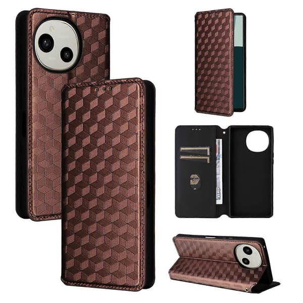 Cubic Grid Texture Flip Læder Telefoncover (Brun, Til Sharp Aquos R10 / R9)